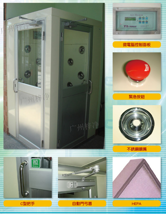 轉(zhuǎn)角風(fēng)淋室吹淋原理:初效過濾器--離心風(fēng)機(jī)--靜壓箱--高效過濾器--噴嘴高速噴出--內(nèi)循環(huán)風(fēng)。